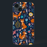 Coques Pour iPhone Motif coloré de fleurs et de renards<br><div class="desc">Illustration de style de bande dessinée d'oiseaux mignons de rétros fleurs colorées et de renards rouges sur la couleur bleu-foncé d'arrière - plan que vous pouvez changer</div>