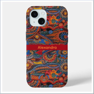 Coque Pour iPhone 15 Motif coloré ethnique boho rouge bleu et or