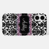 Coques Case-Mate iPhone Motif Damas noir blanc avec nom de script rose (Verso (horizontal))