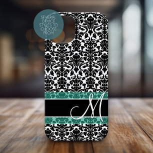 Coques iPhone 16 Motif Damas noir et blanc avec Monogramme