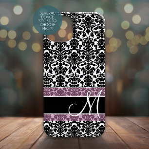 Coque Pour iPhone 14 Motif Damas noir et blanc avec Monogramme