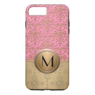 Case-Mate iPhone Case Motif damassé à monogramme rose et or élégant