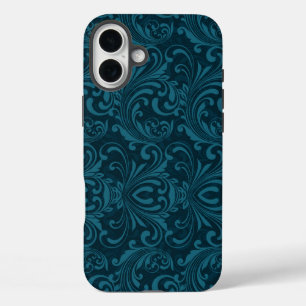 Coques iPhone 16 Plus Motif damassé floral sarcelle foncé