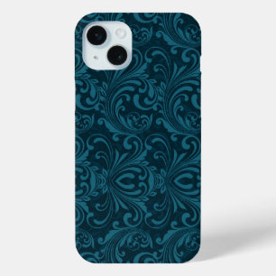 Coque iPhone 15 Mini Motif damassé floral sarcelle foncé