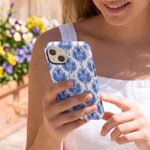 Coque Pour iPhone 14 Motif damassé méditerranéen bleu et blanc élégant