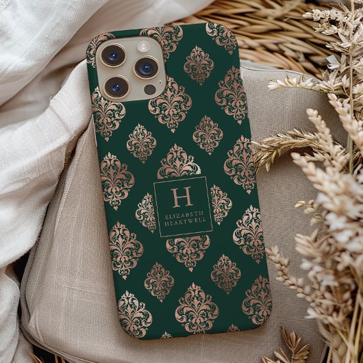 Coques Case-Mate iPhone Motif Damassé Monogramme Or Rose Émeraude Vert