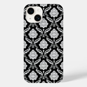 Coque Pour iPhone 14 Motif Damassé Rococo Blanc sur Fond Noir