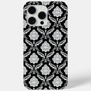 Coque iPhone 15 Pro Max Motif Damassé Rococo Blanc sur Fond Noir