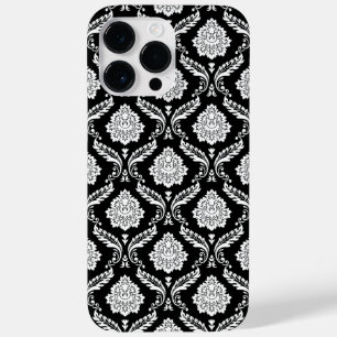 Coque Pour Pour iPhone 14 Pro Max Motif Damassé Rococo Blanc sur Noir