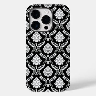 Coque Pour iPhone 14 Pro Motif Damassé Rococo Blanc sur Noir