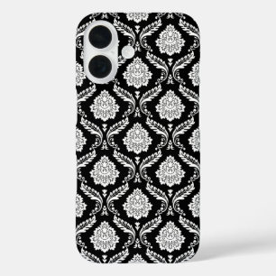 Coques iPhone 16 Motif Damassé Rococo Blanc sur Noir