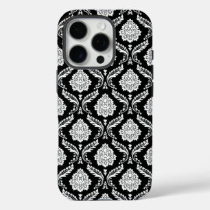 Coques iPhone 16 Pro Motif Damassé Rococo Blanc sur Noir