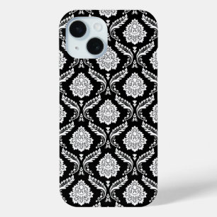 Coque Pour iPhone 15 Motif Damassé Rococo Blanc sur Noir