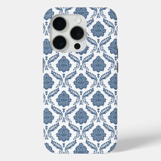 Coques Case-Mate iPhone Motif Damassé Rococo Bleu sur Blanc (Verso)