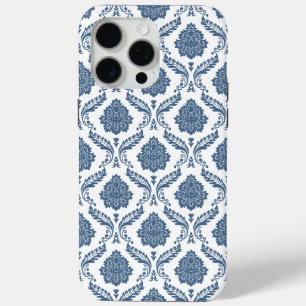 Coque iPhone 15 Pro Max Motif Damassé Rococo Bleu sur Blanc