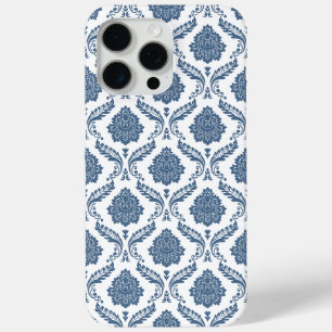 Coque iPhone 15 Pro Max Motif Damassé Rococo Bleu sur Blanc