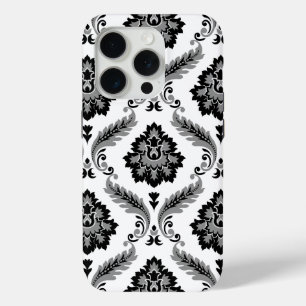 Coque iPhone 15 Pro Motif Damassé Rococo Gris Noir Blanc