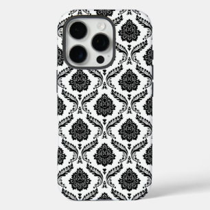 Coques iPhone 16 Pro Motif Damassé Rococo Noir sur Blanc