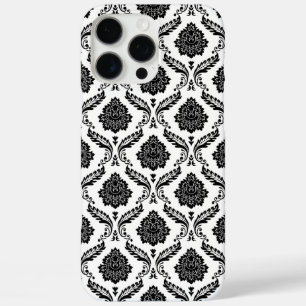 Coques iPhone 16 Pro Max Motif Damassé Rococo Noir sur Blanc