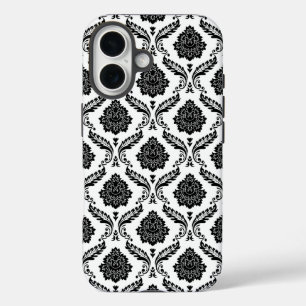 Coques iPhone 16 Motif Damassé Rococo Noir sur Blanc