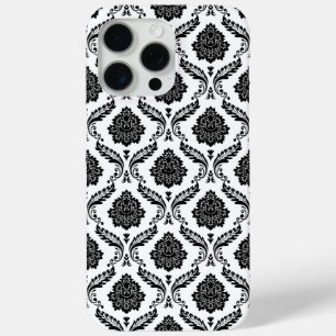 Coque iPhone 15 Pro Max Motif Damassé Rococo Noir sur Blanc