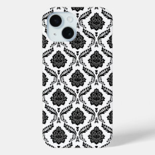 Coque Pour iPhone 15 Motif Damassé Rococo Noir sur Fond Blanc