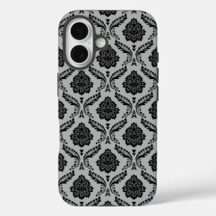Coques iPhone 16 Motif Damassé Rococo Noir sur Gris