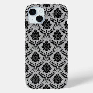 Coque iPhone 15 Mini Motif Damassé Rococo Noir sur Gris