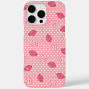 Coques iPhone 16 Pro Max Motif d'amour rose avec lèvres et fleurs.