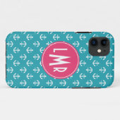 Coques Case-Mate iPhone Motif d'Ancres de monogramme d'Aqua et de fuchsia (Dos (Horizontal))