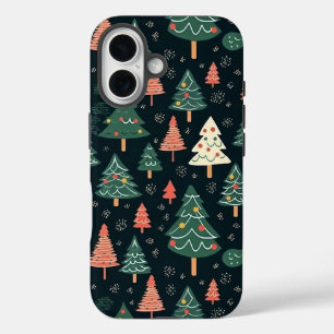 Coques iPhone 16 Motif d'arbre de Noël vert et corail festif