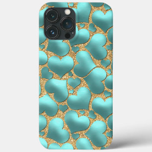 iPhone 13 Pro Max Coque Motif d'art du Coeur bleu turquoise de Faux Shiny 