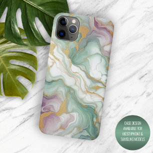 Coque iPhone 15 Pro Max Motif d'art en marbre rouge Mauve rose vert or
