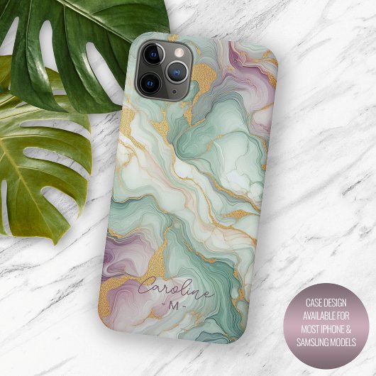 Coques Case-Mate iPhone Motif d'art en marbre rouge Mauve rose vert or