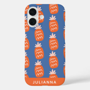 Coques iPhone 16 Motif de Ananas Mignon en Orange Bleu Personnalisé