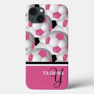 iPhone 13 Coque Motif de balle de soccer rose Monogram