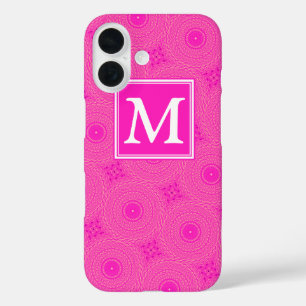 Coques iPhone 16 Motif de cercles rose vif monogramme