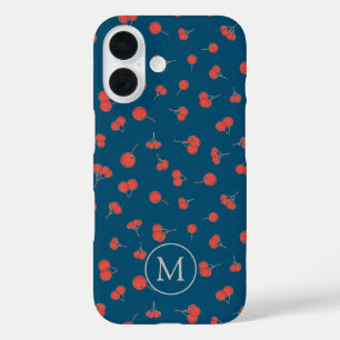 Coques iPhone 16 Motif de cerise douce sur Monogramme bleu foncé