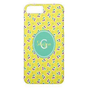 Coques Pour iPhone Motif de cerise rétro jaune vert féminin monogramm