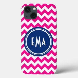 iPhone 13 Case Motif de chevron en monogramme rose blanc et bleu