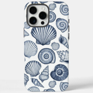 Coques iPhone 16 Pro Max Motif de coquillage à l'aquarelle bleue, style nau