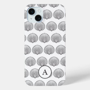 Coque iPhone 15 Mini Motif de coquillages monogrammes gris minimal