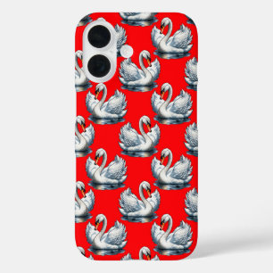 Coques iPhone 16 Motif de cygnes sur fond rouge