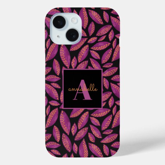 Coques Case-Mate iPhone Motif de feuilles d'automne violet monogramme (Verso)