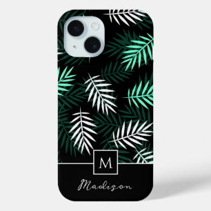 Coque Pour iPhone 15 Motif de feuilles vertes à monogramme moderne