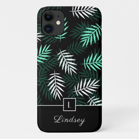 Coques Case-Mate iPhone Motif de feuilles vertes de monogramme moderne (Dos)