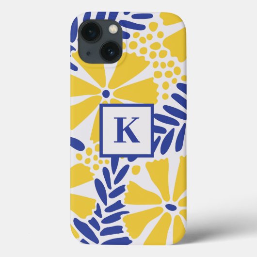 Coques Case-Mate iPhone Motif de fleur bleu et jaune avec monogramme (Verso)