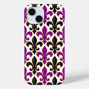Coque Pour iPhone 15 Motif de fleur de lis baroque noir violet