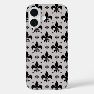 Coques iPhone 16 Motif de fleur de lis gris et noir