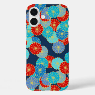 iPhone 16 Plus Case Motif de fleurs Art Déco - bleu, turquoise et roug